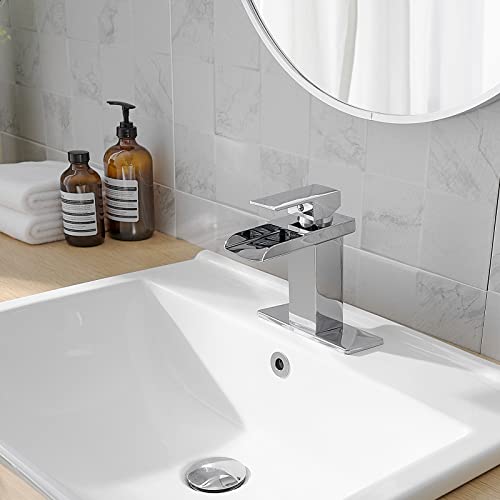 Bathlavish Bathroom Faucet Chrome Waterfall Single Handle One Hole Vanity Sink Modern Mixer Tap Commercial Deck Mount Lavatory #TOP6