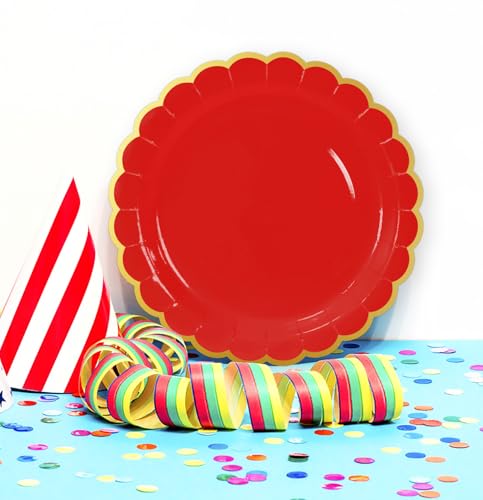 Image of HEIPINIUYE 50 Pieces Red Paper Plates with Gold Foil 9 Inch Disposable Red Scalloped Dinner Plates for Wedding Baby Shower Birthday Party Dessert Plate