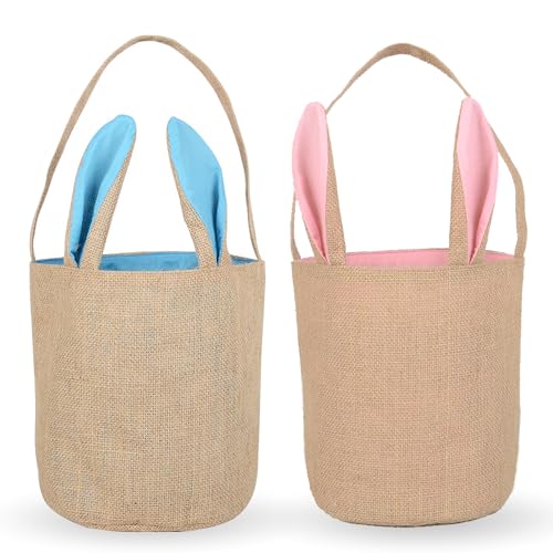 YOOLEETC 2PCS Easter Bunny Basket Burlap Buckets,Bunny Jute Easte...