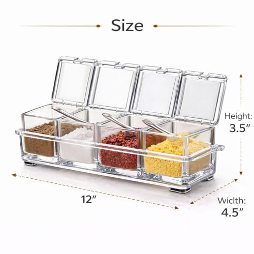 Image of Dimitra Acrylic Home Kitchen 4 Grid Acrylic Seasoning Mukhwas Rasoi Dry Fruit Easy Flow Spice Box Kit With Spoon-Kitchen Masala Storage Box Container Seasoning Organizers Jars (Transparent)