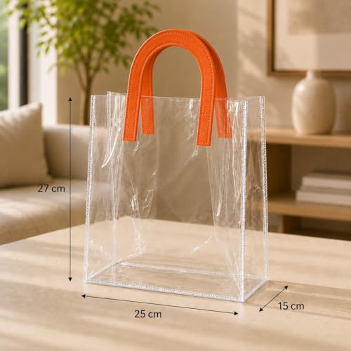 Image of SATYAM KRAFT 6 Pcs Transparent Reusable Leather Goodie Bags | Elegant Gift Bags for Her /Him Wedding Return Favors, Engagement Hampers, Marriage, Birthday & Festival Gifting | Handle Hamper Shopping Carry Bags (U-shaped Orange - Large)