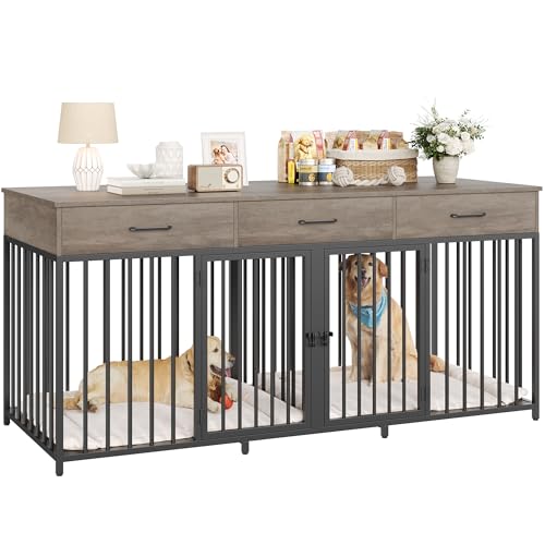 HOSTACK-Double-Dog-Crates-Furniture-71-Wide-Indoor-Dog-Kennel-with-3-Drawers-Farmhouse-Dog-Cage-for-2-LargeMedium-Dogs-Heavy-Duty-Dog-Crate-with-Removable-Divider-Wooden-Pet-House-Ash-Grey HOSTACK Double Dog Crates Furniture 71 Wide Indoor Dog Kennel with 3 Drawers Farmhouse Dog Cage for 2 LargeMedium Dogs Heavy Duty Dog Crate with Removable Divider Wooden Pet House Ash Grey