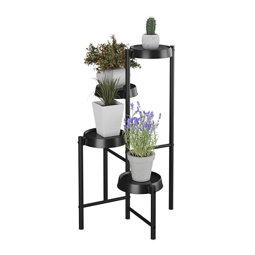 Relaxdays Pflanzenständer, 4 Ablagen, Metall & Kunststoff, HxBxT: 81 x 48 x 49 cm, Innenbereich, Blumenständer, schwarz