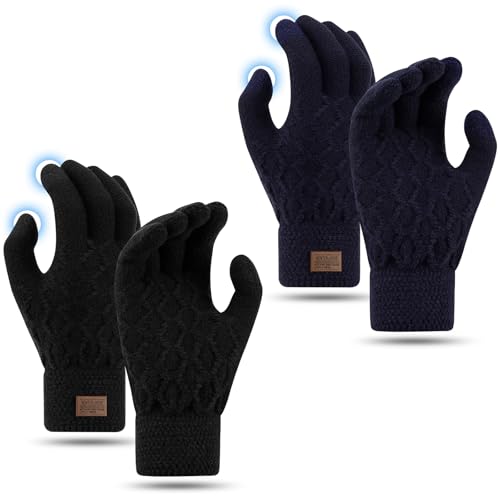 Leikedun 2 Pairs Winter Thermal Gloves for Women Men Warm Touch Screen Gloves Soft Wool Knit Elastic Cuff Glove for Outdoor Skiing Walking Running(Black+Navy blue)