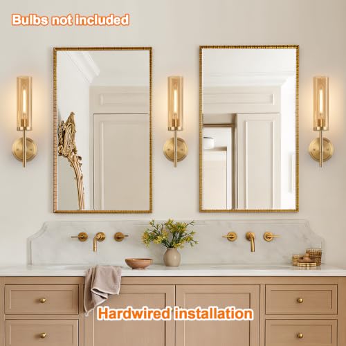 Image of MOKATNG Hardwired Wall Sconces Set of Two, Brushed Gold Bathroom Sconces with Amber Glass, Modern Wall Light Fixtures for Bathroom Mirror Vanity, Living Room, Hallway, Stairway, Cabinet, Foyer
