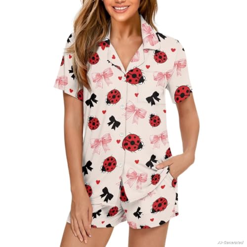 Image of Renewold Women's Short Sleeve Pajama Set Button Down Sleepwear with Notch Collar Soft Lounge Top and Shorts with Pockets