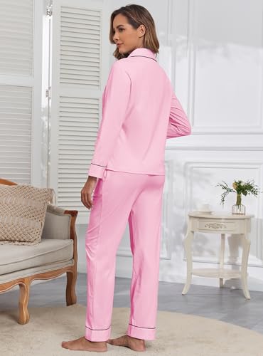 Image of Veseacky 100% Cotton Women's Pajama Set Long Sleeve Button Down Sleepwear Soft Pjs Lounge Sets Nightwear Pjs XS-XXL