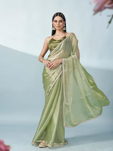 Womanista Women's Jimmychoo Solid Green Saree Embellished Lace With Un-Stitched Blouse