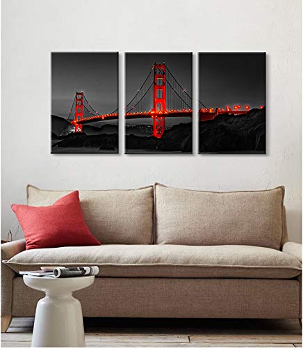 3 Piece Large Black And Red Wall Art Set Golden Gate Bridge Skyline Canvas Wall Art San Francisco Bay Area Landscape Pictures Prints Artwork For Office Decor Living Room Bedroom Decoration Poster Framed 20"X28"X3Pcs #TOP4