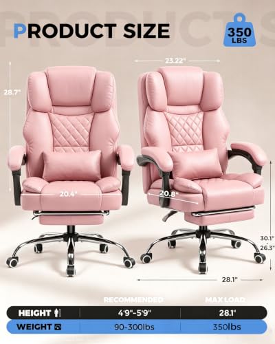 Image of GTPLAYER Executive Office Chair Big and Tall Leather Gaming Chair with Pocket Spring Cushion & Ergonomic Lumbar Support for Lower Back Pain Relief, Comfy Desk Chair with Footrest, Pink
