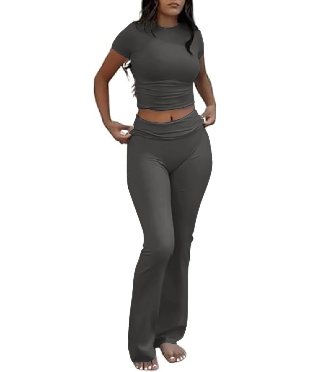 COPYLEAF Two Piece Lounge Sets for Women Fold Over Flare Pants Short Sleeve Crop Top Y2k Outfits Matching Set Tracksuit