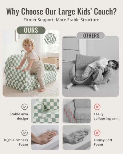 Image of Blissful Diary Foldable Kids Couch, Extra Wide Kids Sofa Chair, Sage Check | 30.7 inch Wide Seat, 2-in-1 Fold Out Comfy Design, High-Density Foam Support, Washable Cover, Carry Handle