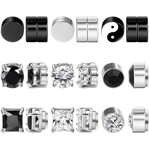 NEWITIN 9 Pairs Magnetic Earrings for Men Clip on Earring Stainless Steel Magnet Earring Unisex Hoop Dangle Cross CZ Studs Non Piercing Magnetic Stud Earrings for Men Women