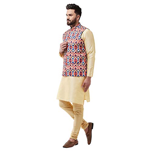 Image of SOJANYA (Since 1958 Men's Silk Blend Gold Kurta Pyjama & Printed Nehrujacket Combo