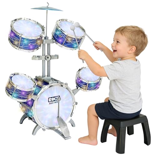 Kids Drum Set for Toddlers 1-3, Upgraded Light Up 5-Piece Jazz Drum Kit with Stool, Bass Pedal & Cymbal, Musical Instrument Percussion Beginner Toy Gift for Boys Girls Ages 3-5 5-7