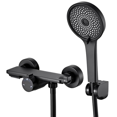 Auralum Mitigeur de Douche et Bain en Laiton Noir - Robinet avec Bec Cascade Orientable, Douchette 5 Jets, Flexible Inox 1.5m et Tablette de Rangement...
