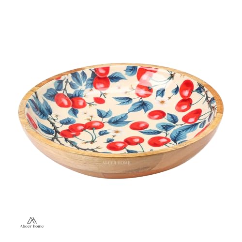 Image of Premium Wooden Bowl with Spoons -Cherry Design| Wooden Serving Bowl | Wooden Bowl | Wooden Sticker Bowl (12x12x3 Inch)