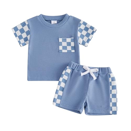 Tsultryofs Baby Boy Summer Clothes Toddler Infant Plaid Patchwork Outfit Short Sleeve Round Neck Tops and Casual Shorts Set (Waffle Blue 18-24 Months)