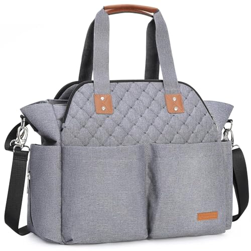 Lekebaby Baby Wickeltasche mit Wickelunterlage, 19 Taschen, Diaper Bag Bote Groß Reisewindeltasche für Mama und Papa, Multifunktions Babytasche für Reise, Grau Gesteppt