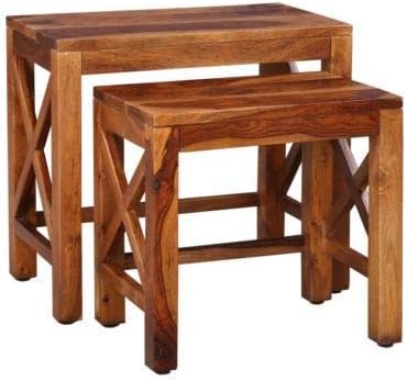 Sheesham Wood Nesting Table Set of 2 Stools Side Table Nightstand Sofa Lamp Stools | Solid Wood Durable and Sturdy End Table for Living Room Bedroom Home Office (Natural Finish)
