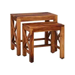 TANWAR HANDICRAFT Sheesham Wood Nesting Table Set of 2 Pieces Stool for Living Room| Nesting Stool Sheesham | Wooden Stools | Coffee Table for Living Room Furniture,