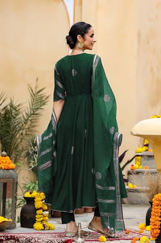 Image of GoSriKi Women's Cotton Blend Printed Anarkali Kurta with Pant & Dupatta | Ethnic Wear for Women | Indian Casual Office Daily Summer Outfit