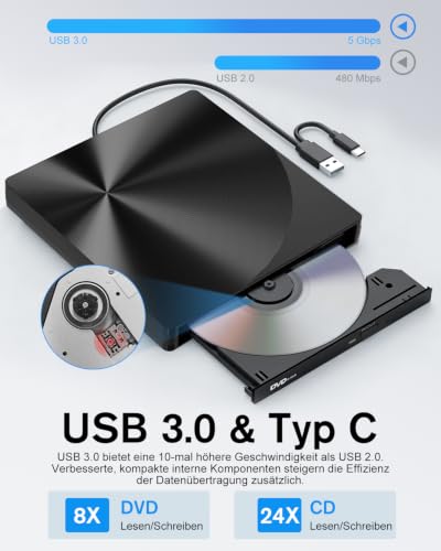 varkda Externes CD DVD Laufwerk USB 3.0 & USB-C Brenner für Laptop PC Mac – Ansicht 4
