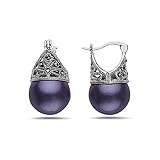 Sterling Silver Hoop Earring Marcasite Filigree Faux pearl (Purple)