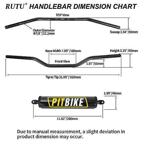 Image of Motorcycle Handlebars 7 /8 Inch,RUTU Universal Dirt Bike Handle Bar with Crossbar Pad Low-Rise Drag Bar for Motocross ATV Quad-Black