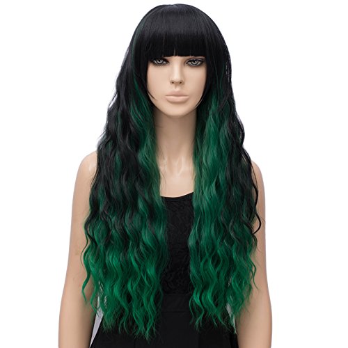 FiveFour Perruque Vert 70 cm Perruques Synthétiques Ondulées Longues Cheveux Postiches Cover