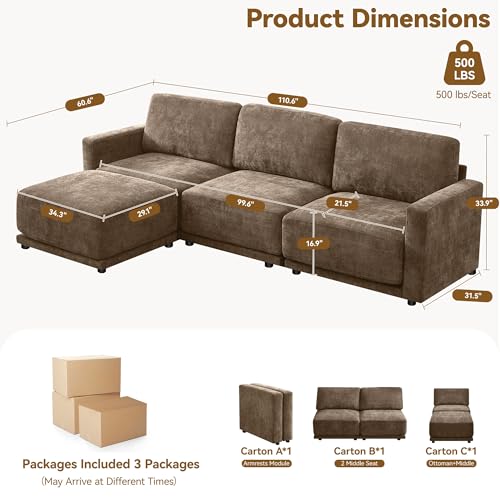 Image of 110.6 inch L Shaped Sectional Sofa for Living Room, Chenille Brown | Modular Cloud Couch with Movable Ottoman, Comfy Thickened Cushions, 21.5 inch Deep Seat, Modern Sofas for Apartment
