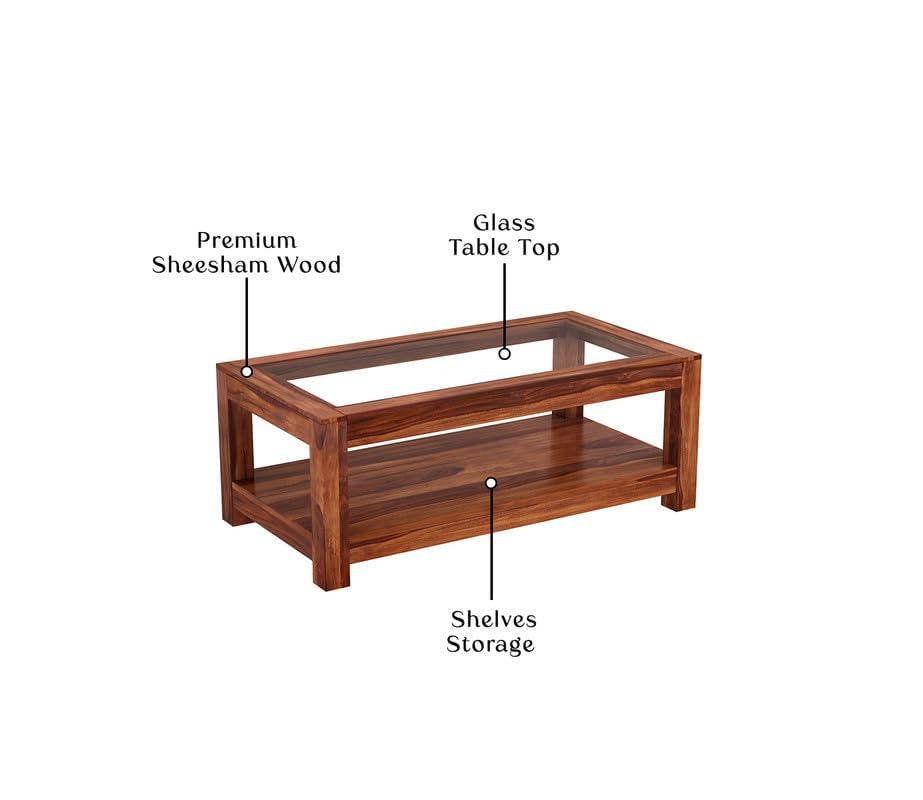 Image of Sheesham Wood Coffee Table for Living Room with Glass Top Multipurpose Tea Table Wooden Centre Table for Home Hall and Office Furniture | Teapoy Table (Honey Finish)