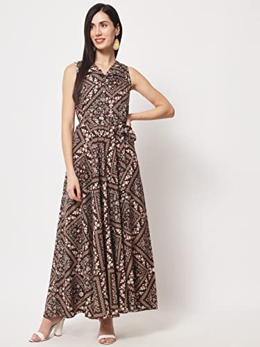 Image of Rudraaksha Women's Printed Maxi Dress Sleeveless Fit & Flare Long Dress || Western Dress for Women || Stylish Maxi Dress Dress || Summer Dress || Boho Printed Dress for Women