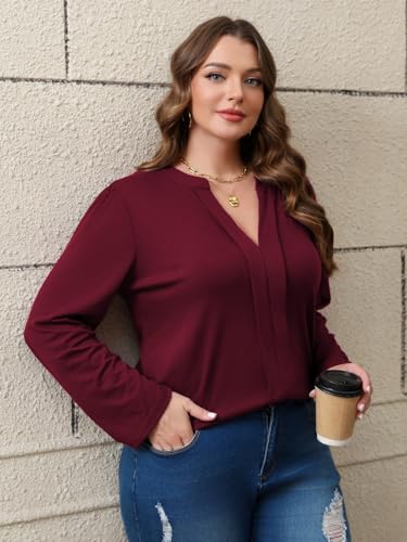 Women's Plus Size Tops V Neck Pleated Front Shirts Trendy Casual Business Tunic Long Sleeves Fall Blouse4