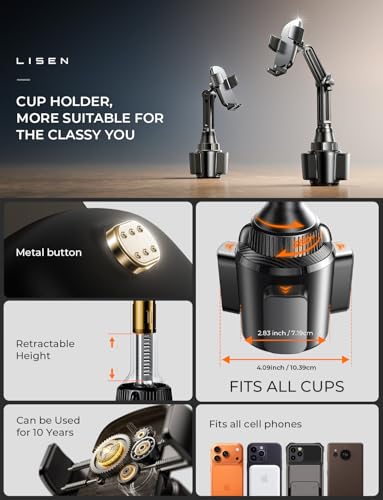 LISEN Car Phone Holder, Upgraded Version Cell Phone Holder, Car Cup Extender, Universal Adjustable Phone Holder for iPhone 15, Samsung 23, Google