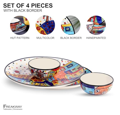 Image of Freakway Hut Family Hand-Painted Glossy Dinner Set Ceramic Stoneware Dinner Set of 4 Pieces | 2 Dinner Plate 10.3 Inch & 2 Serving Bowls 180 Ml | Dishwasher & Microwave Safe - Multicolor
