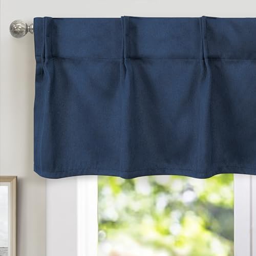 DriftAway Pinch Pleat Valance for Kitchen Window Blackout Faux Linen Textured Solid Beige Valance for Living Room 16 Inch Farmhouse Linen Curtain Valance Window Treatment Back Tab 52×16 Navy Valance