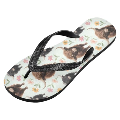 ALAZA Yak Flowers Farm Animal Flip Flops for Women Fashion Beach Slippers Comfort Mens Flip Flops Non-Slip Rubber Shower Slippers Sandal for Hotel Travel Sport,XS2