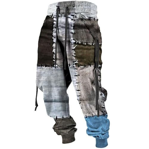 Generisch Pantalones de chándal para hombre con estampado de patchwork, pantalones térmicos irregulares, pantalones de tela holgados vikingos para otoño e invierno, cálidos, pantalones casuales