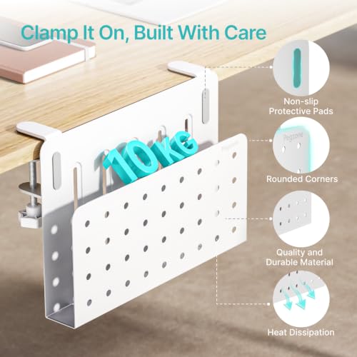 Image of PEGZONE Desk Side Storage Organizer, No Drill Under Desk Laptop Holder, Clamp on Desk Shelf with Pegboard Accessories, Hanging Laptop Mount, Fits Flat Edge Desks 0.4 inch to 2.2 inch, White