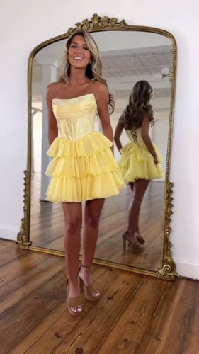 Tulle Tiered Homecoming Dresses 2025 Strapless Sequin Corset Prom Gowns Short Cocktail Dress OE163