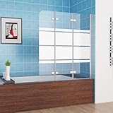 MIQU Duschwand für Badewanne 130x140 cm 3-teilig Faltbar Duschtrennwand Glas Duschabtrennung mit Weiße Streifenmuster & Milchglas, Dusche Badewannenaufsatz ESG Sicherheitsglas