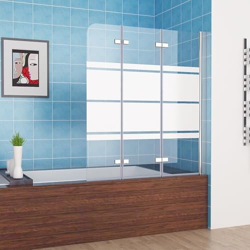 MIQU Duschwand für Badewanne 130x140 cm 3-teilig Faltbar Duschtrennwand Glas Duschabtrennung mit Weiße Streifenmuster & Milchglas, Dusche Badewannenaufsatz ESG Sicherheitsglas