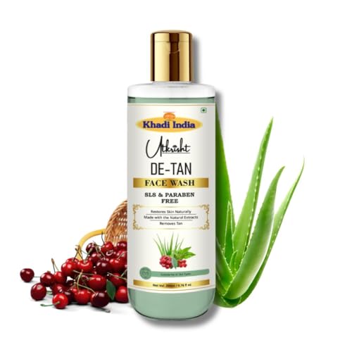 Image of Khadi De-Tan Face Wash 200ml | Herbal & Natural | With Cherry & Aloe Vera for Tan Removal, Skin Brightening | Sun Damage Protection | SLS & Paraben Free | All Skin Types | For Men & Women