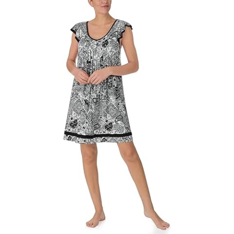 ELLEN TRACY Womens Nightgown - Soft Stretch Jersey Short Sleeve Chemise Sleep Dress - Black White Paisley, Medium Cover