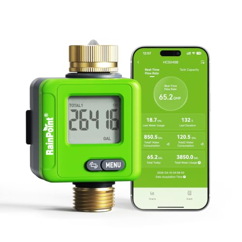 RAINPOINT Bluetooth Smart Water Flow Meter, Brass Fittings, 180° Flip LCD Screen, APP Monitor Water Usage & Flow Rate, Gallon/Liter Measure for Garden, RV, Sprinklers & Hose Nozzles