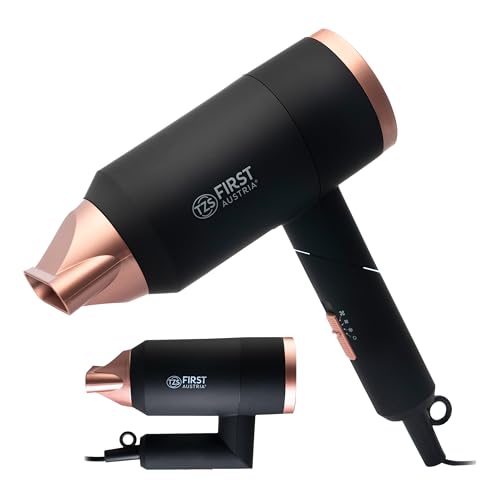 TZS First Austria Secador de pelo, 1800 W, secador de viaje, plegable, estilo suave, función iónica, distribución uniforme del calor, 2 niveles de calor, color negro y rosa