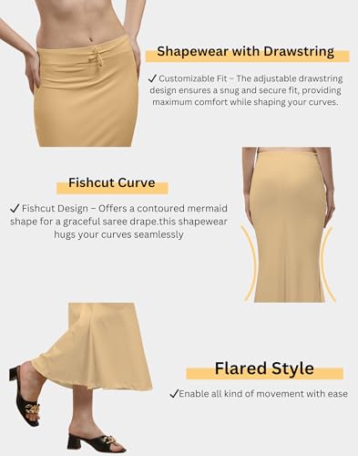 Image of Women's Polyester Blend Shapewear Patticoat Fishcut Flare Pattern Stretchable Drawstring Waist Maxi Length and Slim Fit Body Shaper Peticoat for Saree Daily Use Peticoat