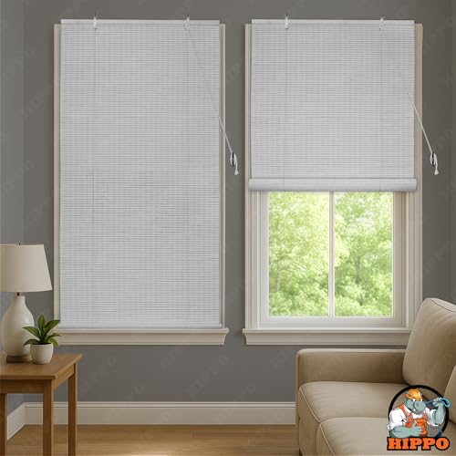 Image of HIPPO Bamboo Curtains - W-4 FT X H-7 FT Rope Mechanism Roll Up Down Indoor Bamboo Shade for Sun & Dust Protection for Home Window, Balcony, Restaurant, Hotel, Resort (White)
