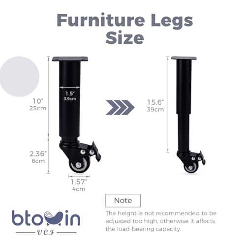Btowin VCF 12.4-18 Inch / 31-45cm Adjustable Furniture Legs with Swivel Caster Wheels, 4Pcs Heavy Duty Replacement Support Legs for Cabinet/Storage Shelf/Sofa/Bed/Dresser/Couch/Coffee by Btowin VCF - Used condition - Image 5